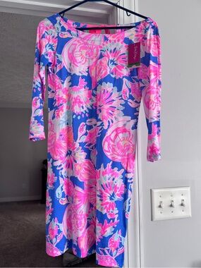 Lilly Pulitzer Bright Floral Shift Dress in Blue and Hot Pink